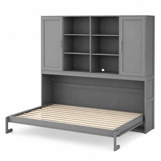 Letto a scomparsa grigio con libreria in metallo e legno di pino 200x90 cm