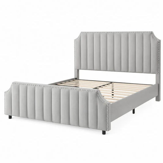 Letto Matrimoniale in Tessuto Grigio con Struttura in Legno