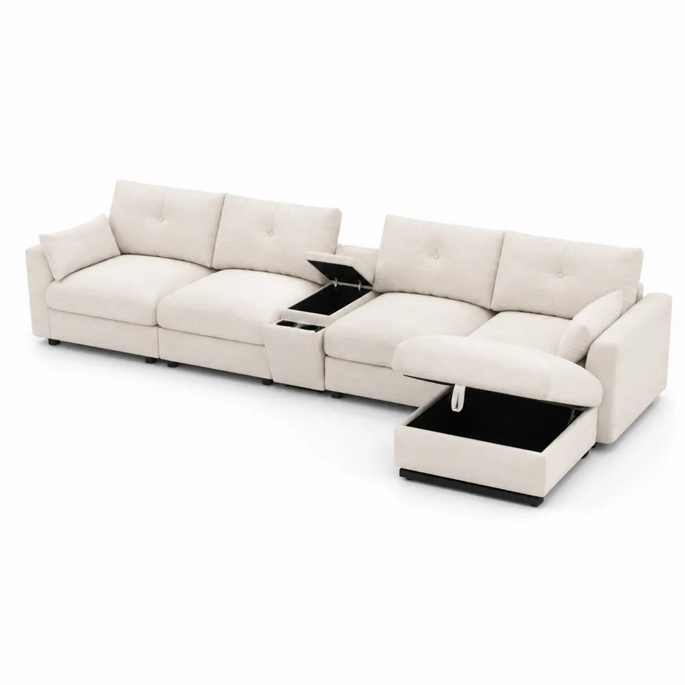 Divano Modulare in Tessuto Beige con Portaoggetti