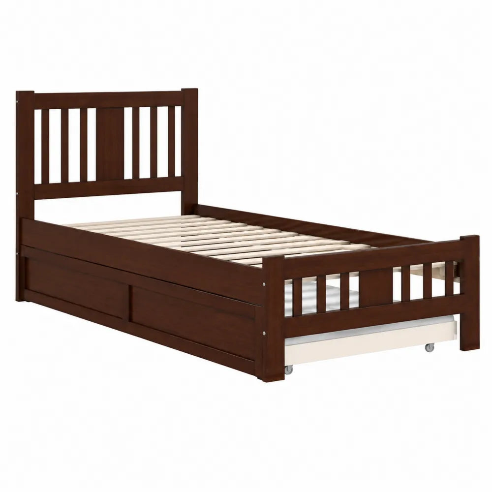 Letto singolo in legno massello con cassetto estraibile marrone 200x90 cm
