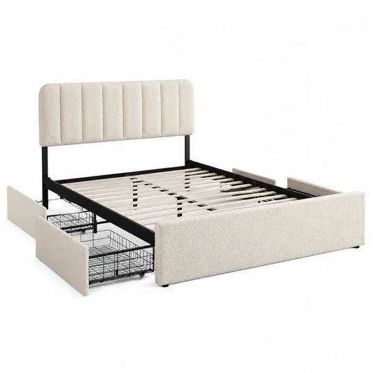 Letto matrimoniale in metallo con contenitore e tessuto crema